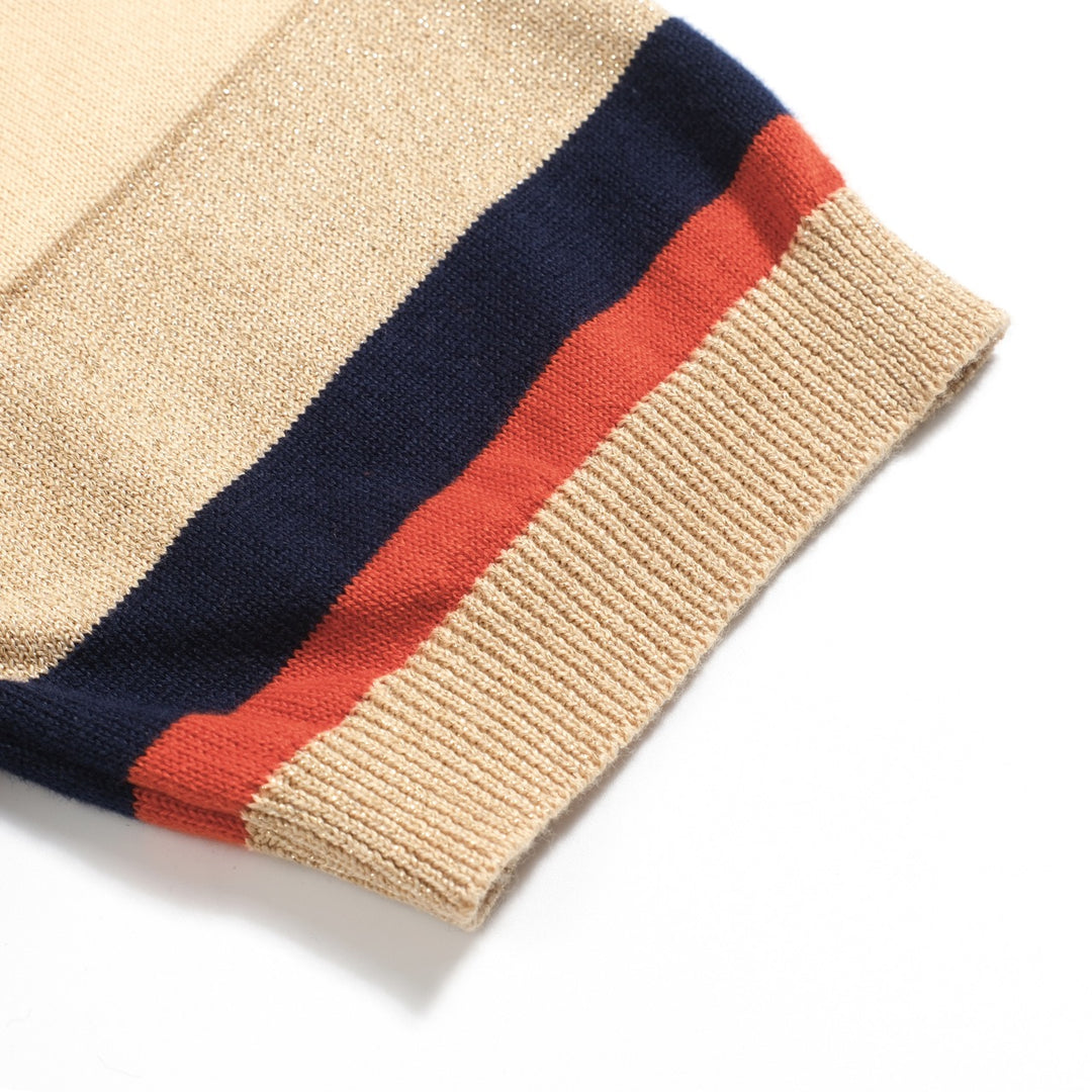 Men's khaki vintage striped V-neck knitted polo shirt