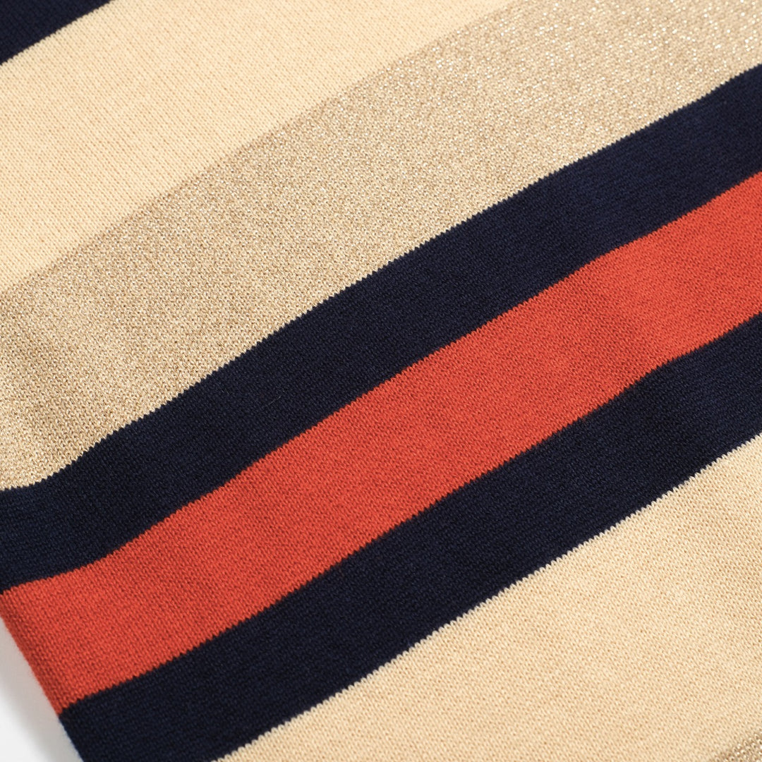 Men's khaki vintage striped V-neck knitted polo shirt