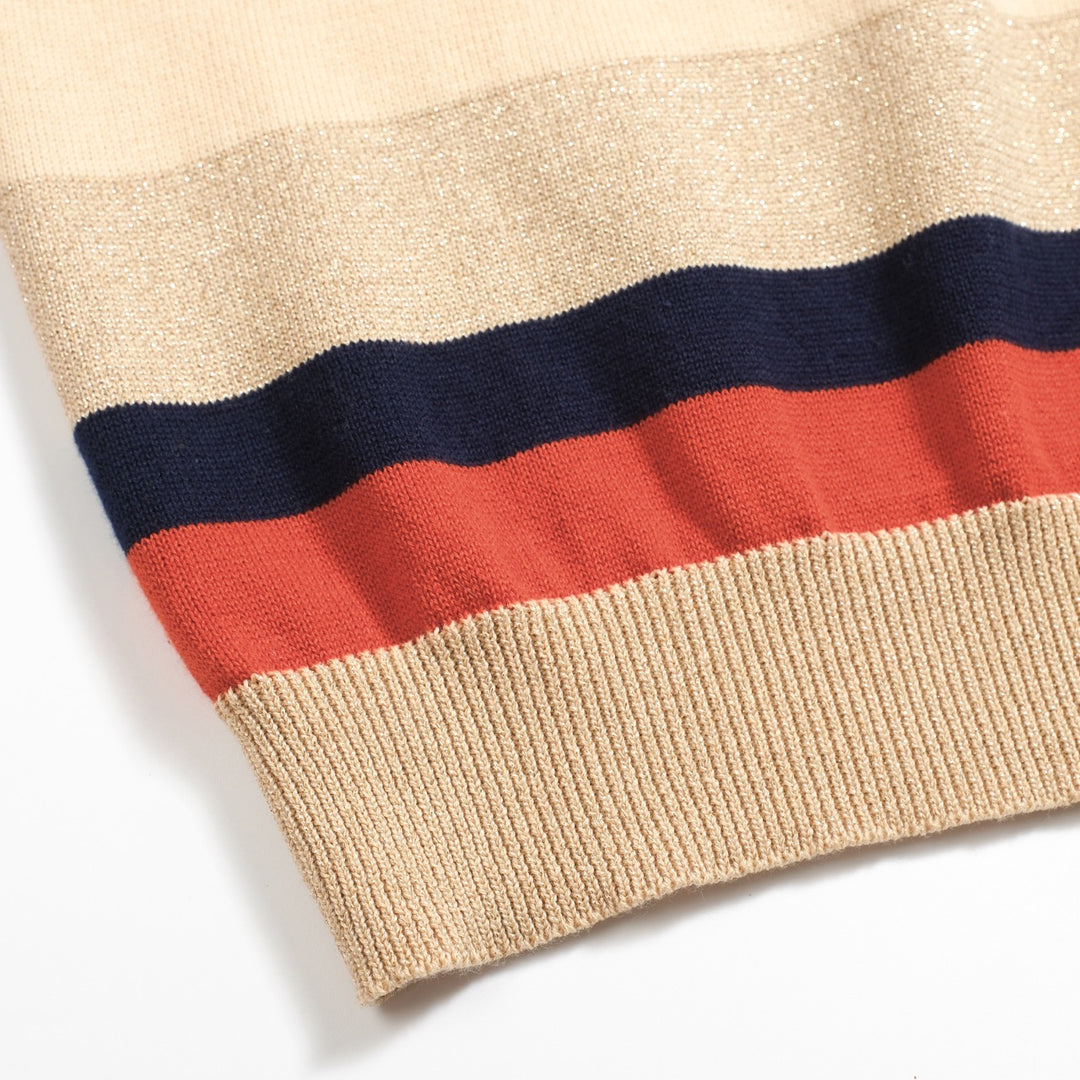 Men's khaki vintage striped V-neck knitted polo shirt