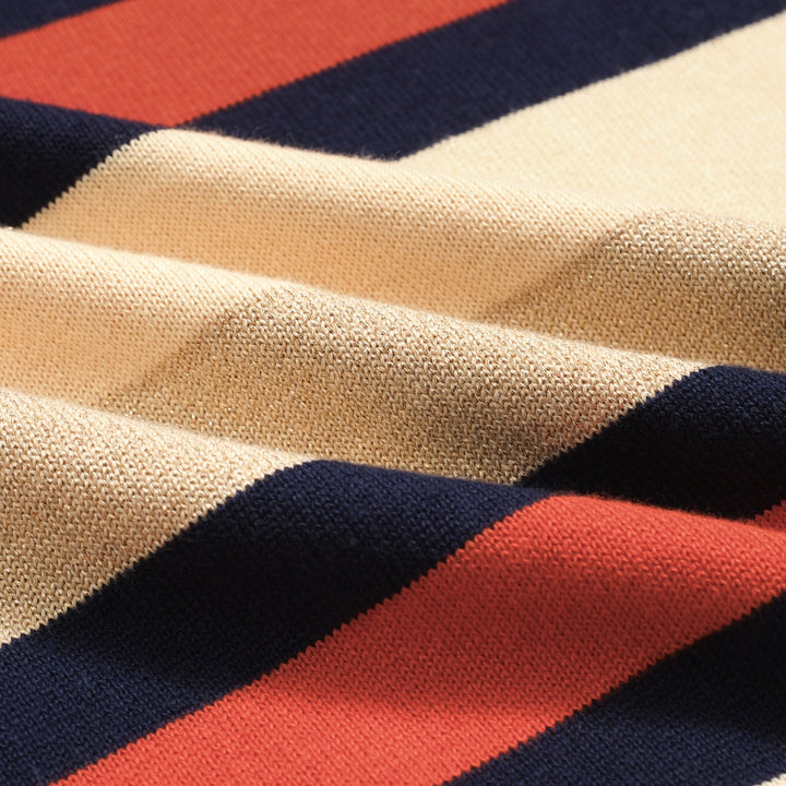 Men's khaki vintage striped V-neck knitted polo shirt