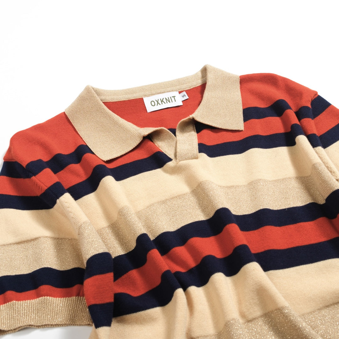 Men's khaki vintage striped V-neck knitted polo shirt