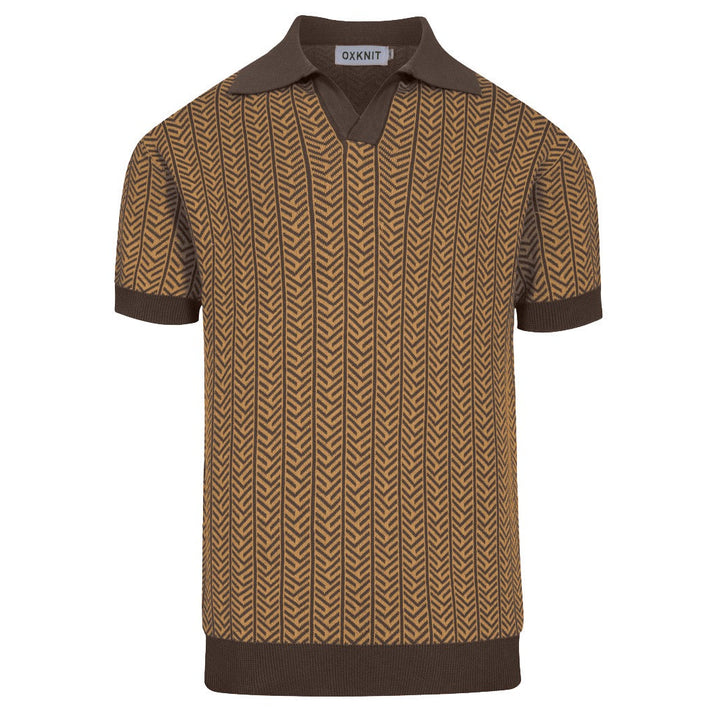 Polo V-neck tricotée rétro marron homme
