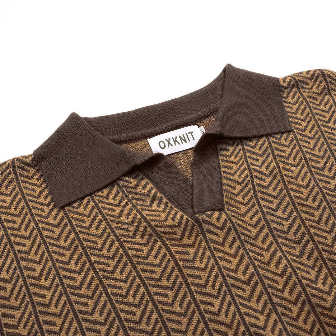Polo V-neck tricotée rétro marron homme