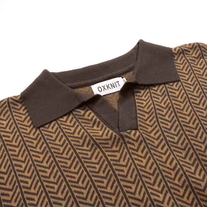Polo V-neck tricotée rétro marron homme