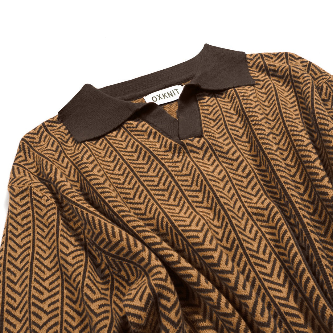 Polo V-neck tricotée rétro marron homme