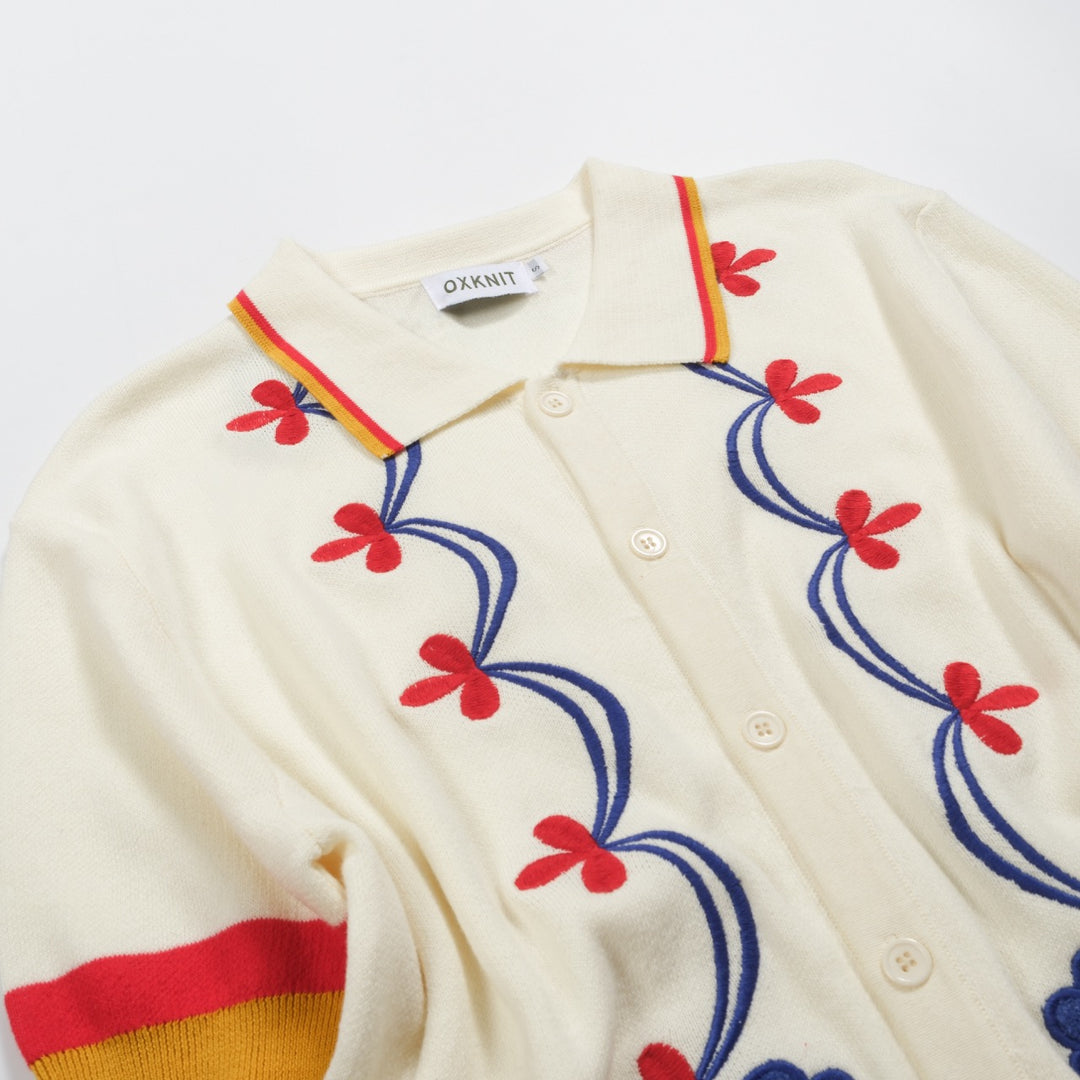 Men's apricot-colored retro jacquard flower knitted cardigan