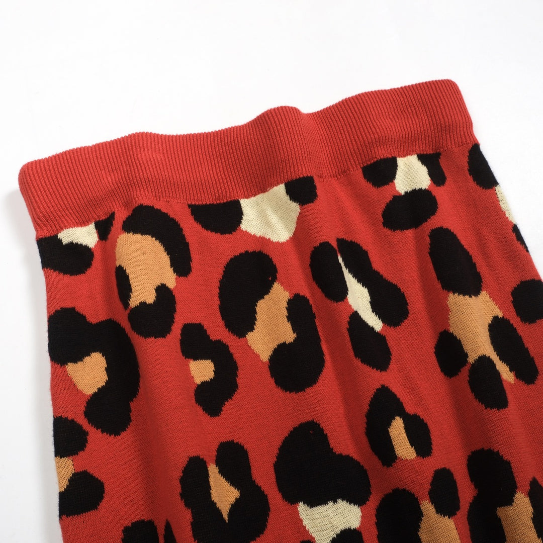 Women's red vintage tiger knit top and skirt set