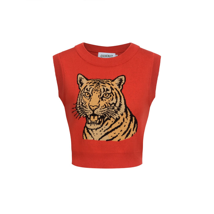 Women's red vintage tiger knit top and skirt set