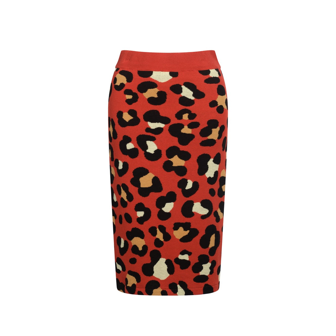 Women's red vintage tiger knit top and skirt set