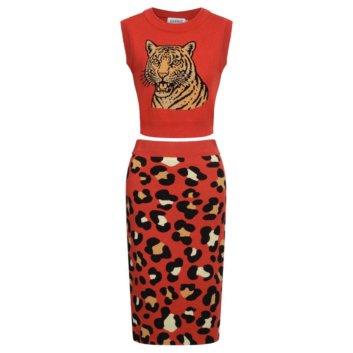 Women's red vintage tiger knit top and skirt set
