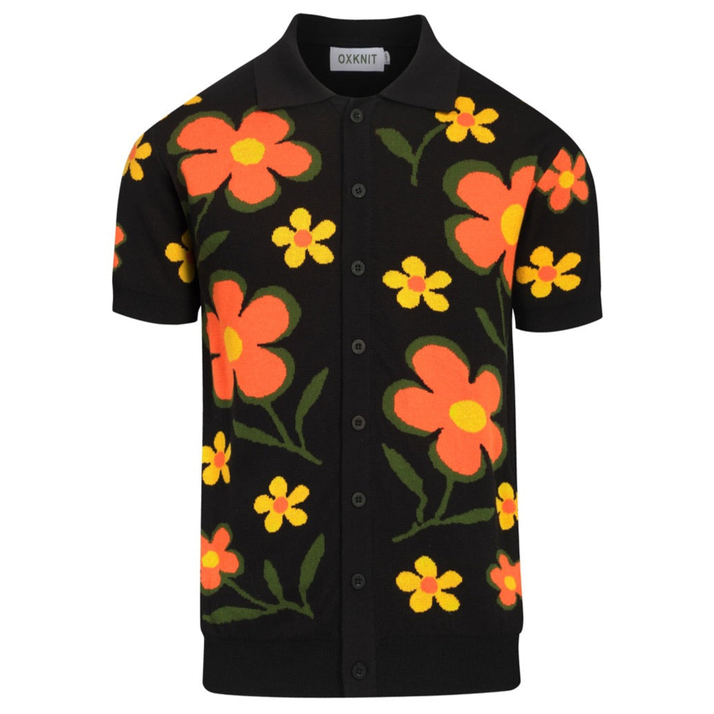 Men's black vintage flower casual knit cardigan