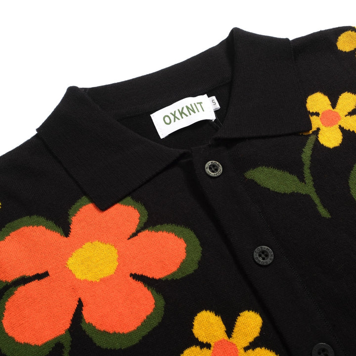 Men's black vintage flower casual knit cardigan