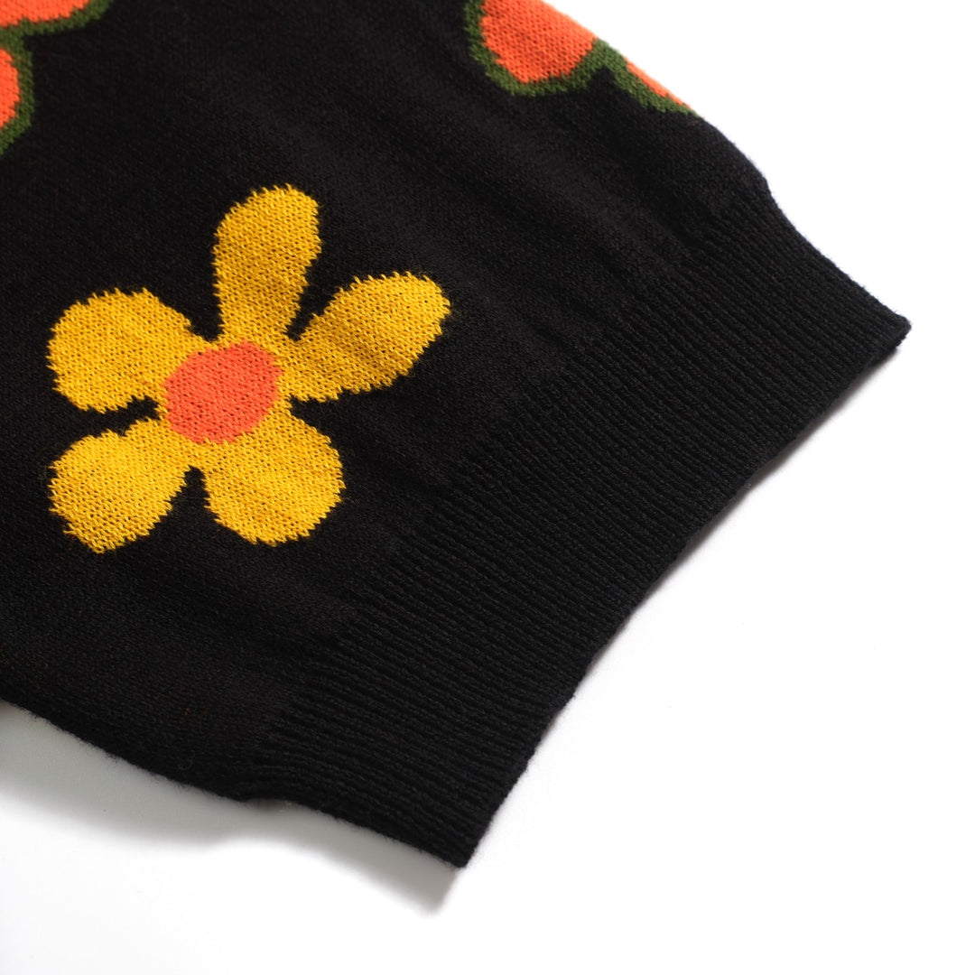 Men's black vintage flower casual knit cardigan