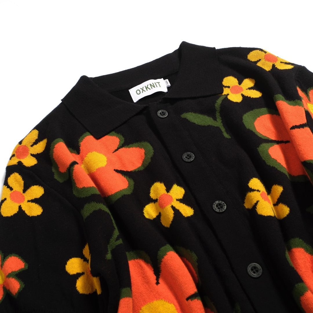 Men's black vintage flower casual knit cardigan