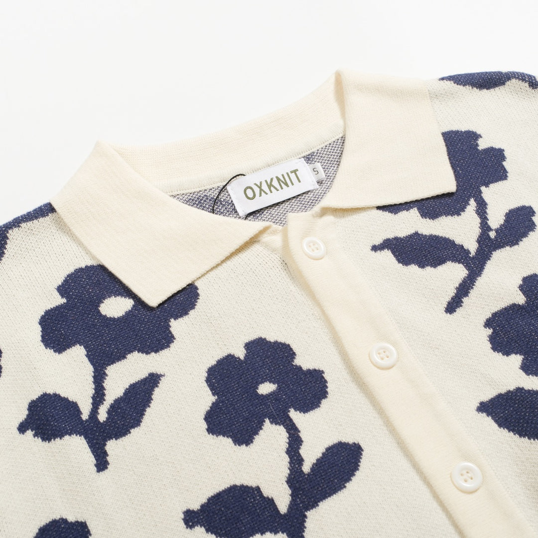 Men's white vintage floral jacquard casual knit cardigan