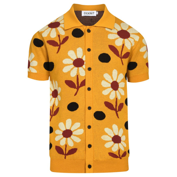 Men's yellow vintage floral knitted jacquard cardigan