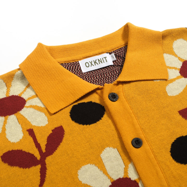 Men's yellow vintage floral knitted jacquard cardigan
