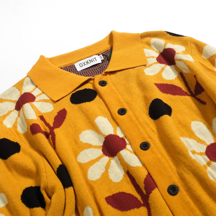 Men's yellow vintage floral knitted jacquard cardigan