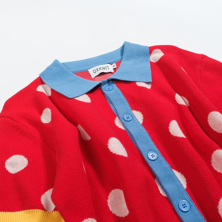 Men's red polka dot vintage knit jacquard cardigan
