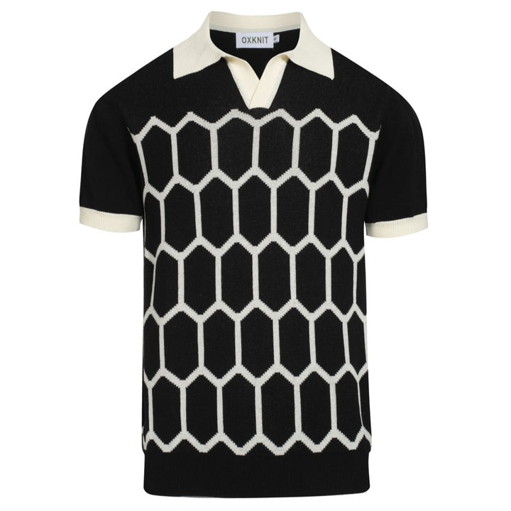 Men's black vintage design knitted V-neck polo shirt
