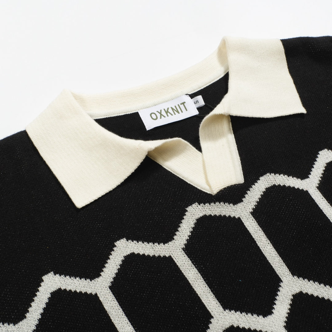 Men's black vintage design knitted V-neck polo shirt