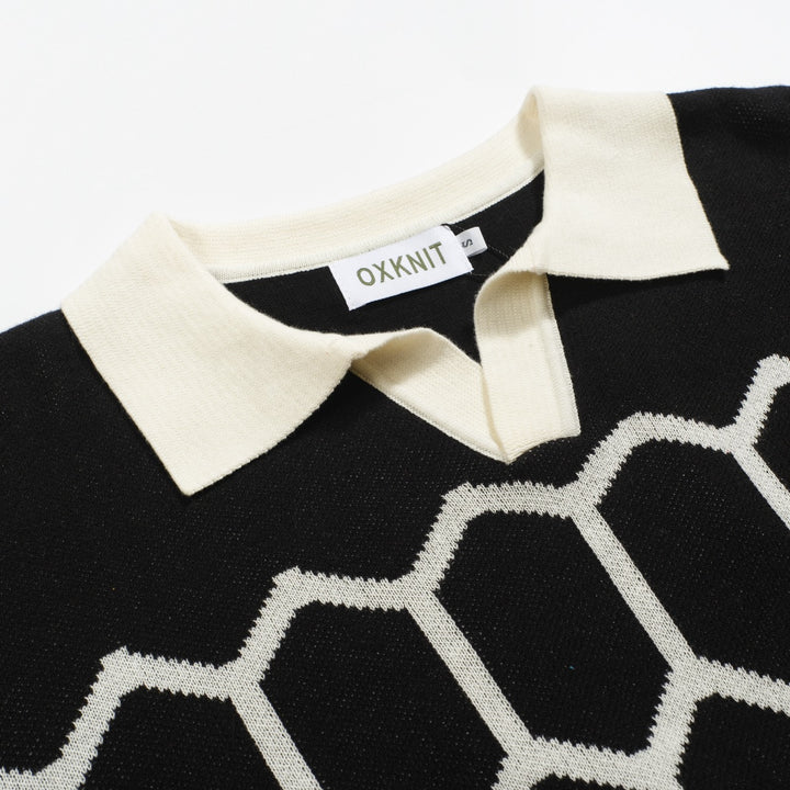 Men's black vintage design knitted V-neck polo shirt