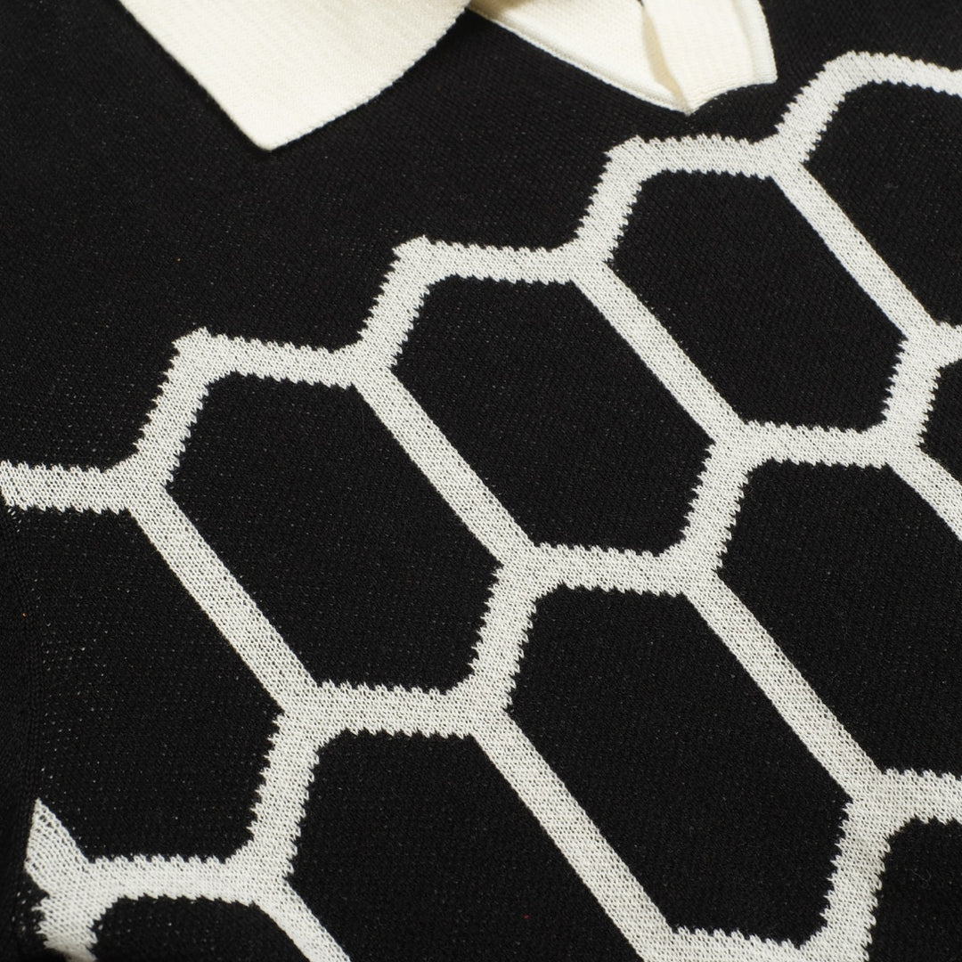 Men's black vintage design knitted V-neck polo shirt