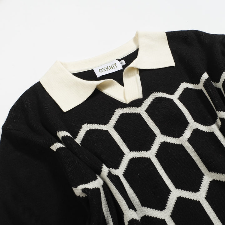 Men's black vintage design knitted V-neck polo shirt