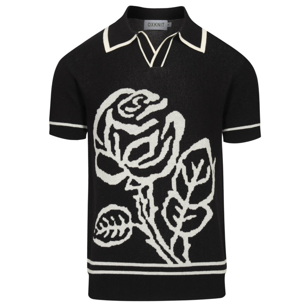 Men's black rose jacquard vintage V-neck knitted polo shirt