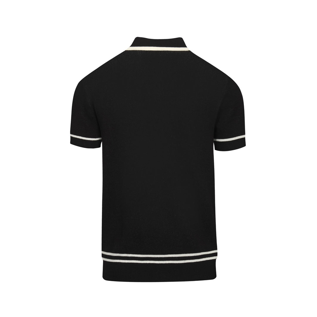 Men's black rose jacquard vintage V-neck knitted polo shirt
