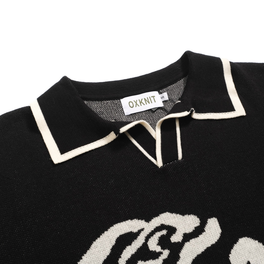 Men's black rose jacquard vintage V-neck knitted polo shirt