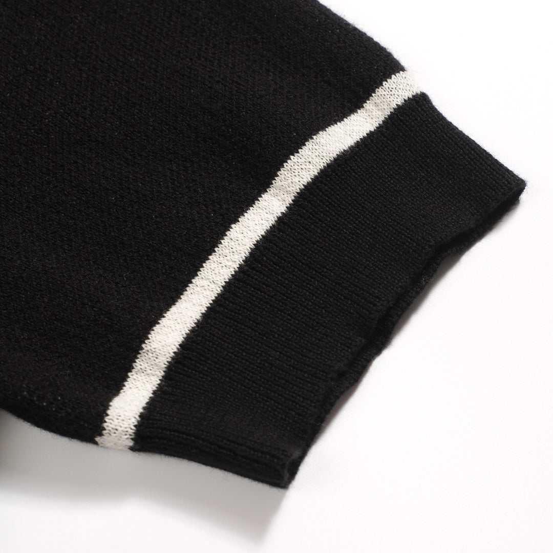 Men's black rose jacquard vintage V-neck knitted polo shirt