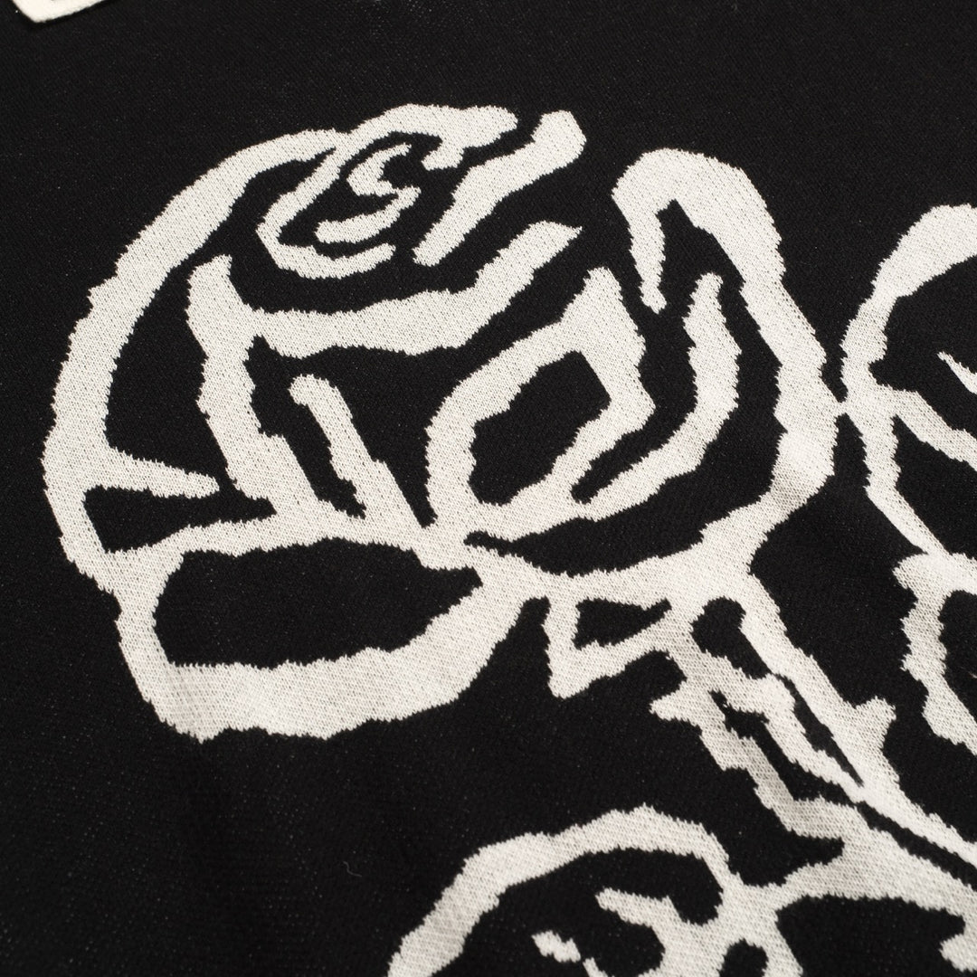 Men's black rose jacquard vintage V-neck knitted polo shirt