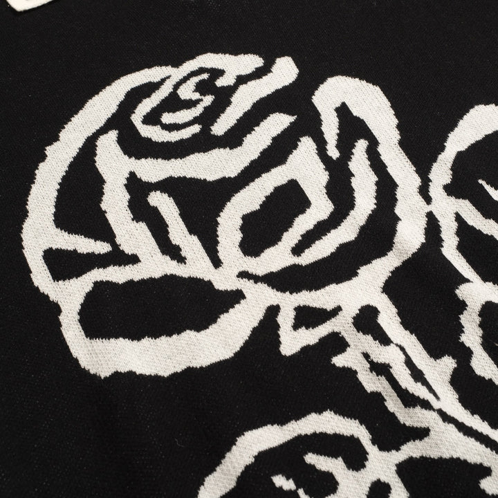 Men's black rose jacquard vintage V-neck knitted polo shirt