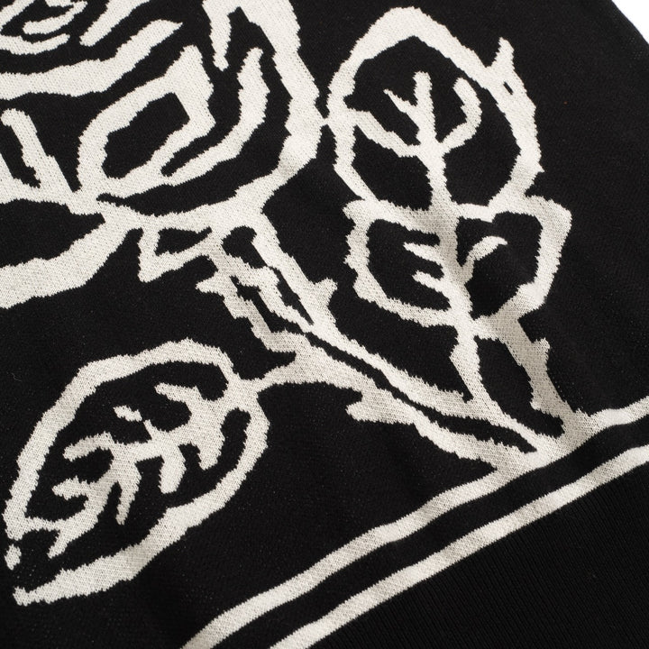 Men's black rose jacquard vintage V-neck knitted polo shirt