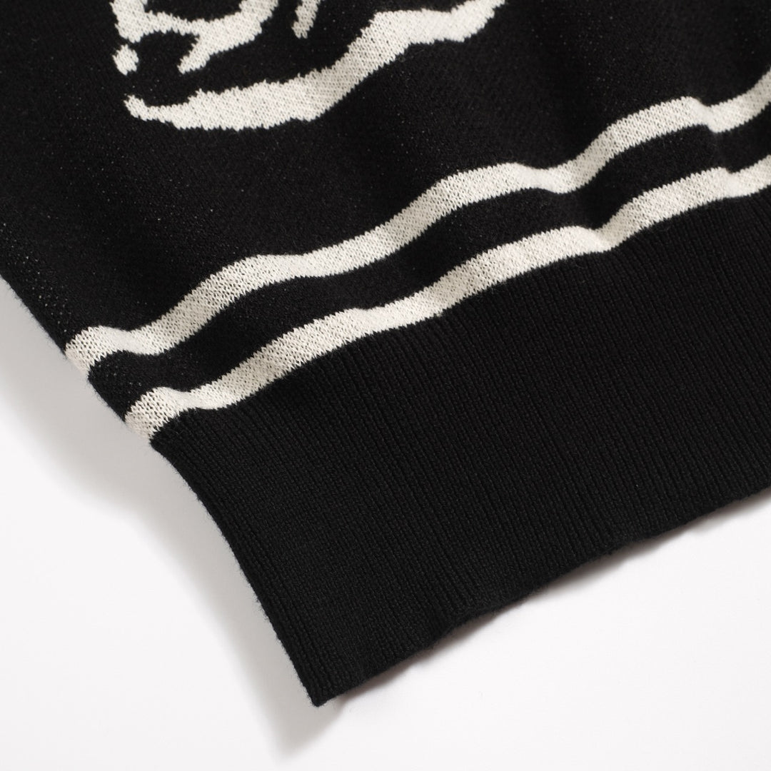 Men's black rose jacquard vintage V-neck knitted polo shirt