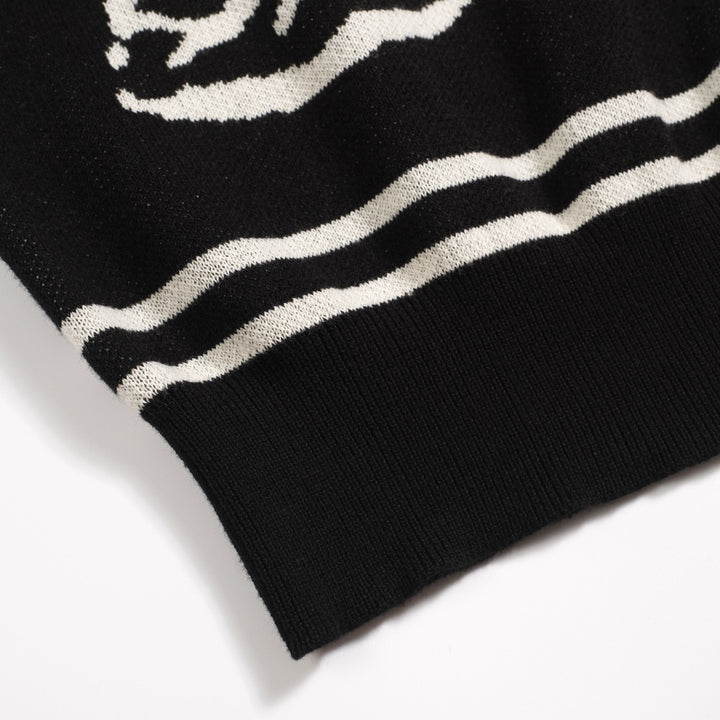 Men's black rose jacquard vintage V-neck knitted polo shirt