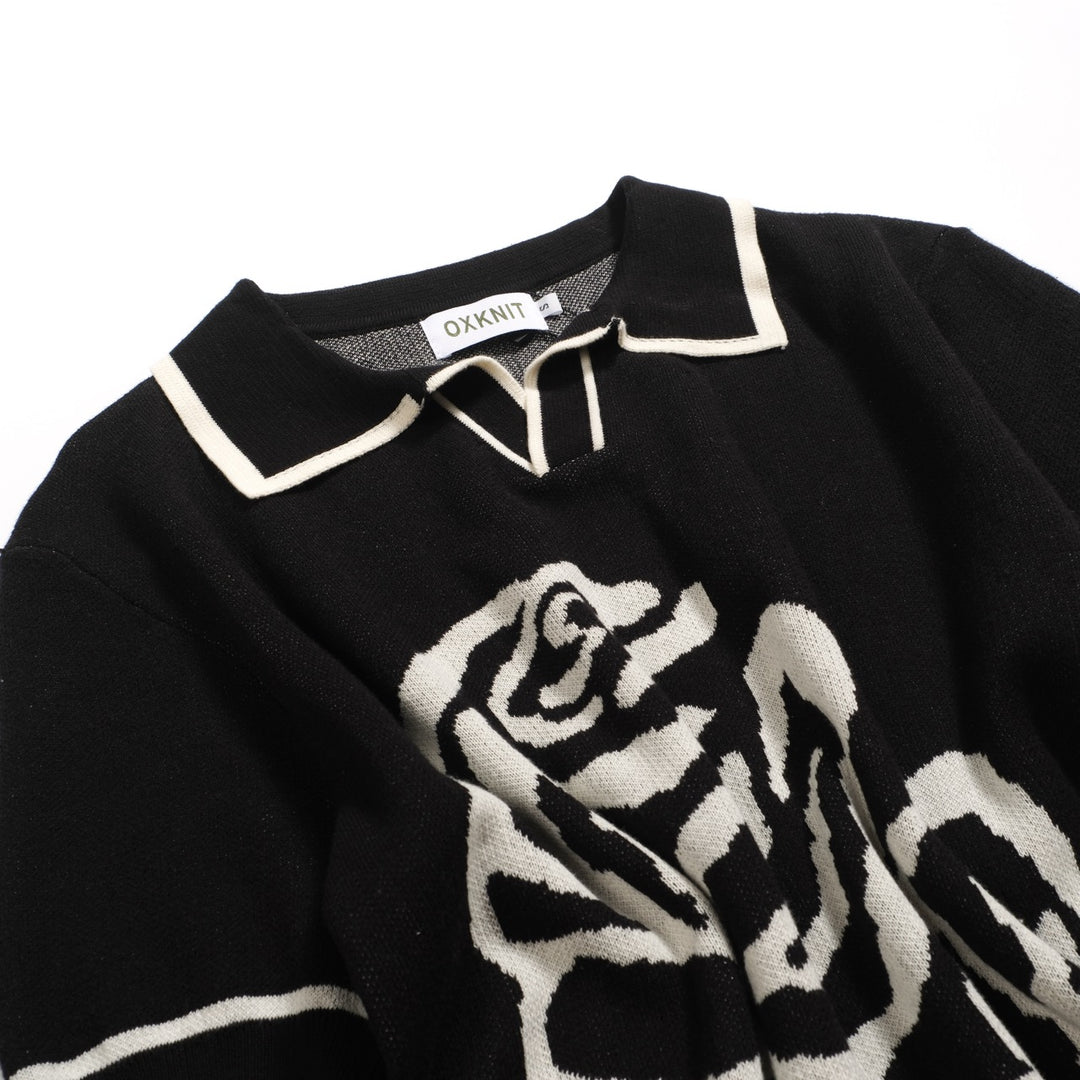 Men's black rose jacquard vintage V-neck knitted polo shirt