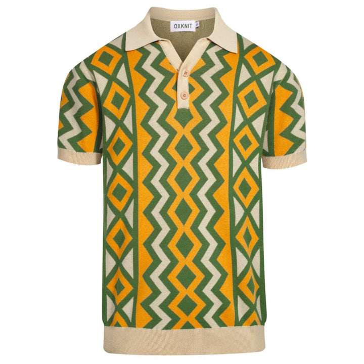 Men's green jacquard vintage V-neck knitted polo shirt