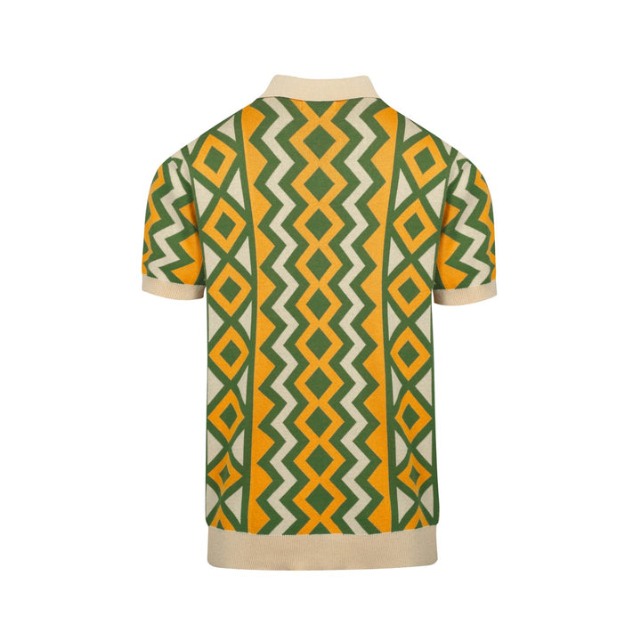 Men's green jacquard vintage V-neck knitted polo shirt