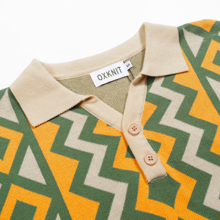 Men's green jacquard vintage V-neck knitted polo shirt