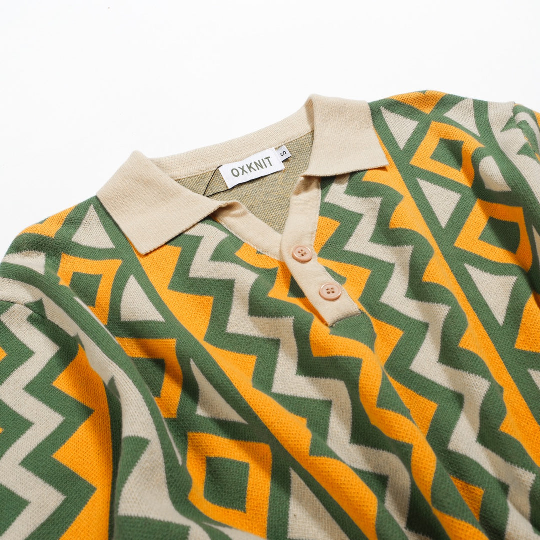 Men's green jacquard vintage V-neck knitted polo shirt