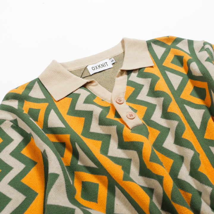 Men's green jacquard vintage V-neck knitted polo shirt