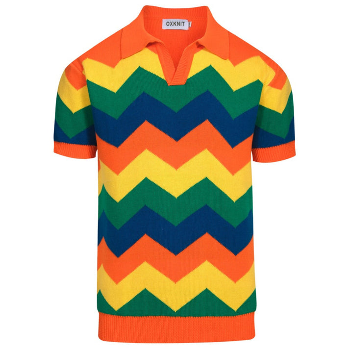 Men's orange jacquard vintage V-neck knitted polo shirt