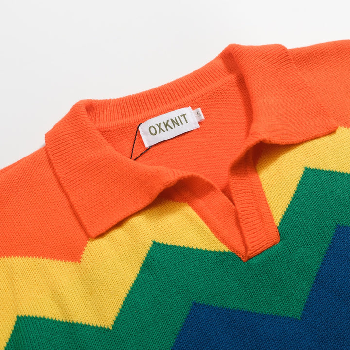 Men's orange jacquard vintage V-neck knitted polo shirt