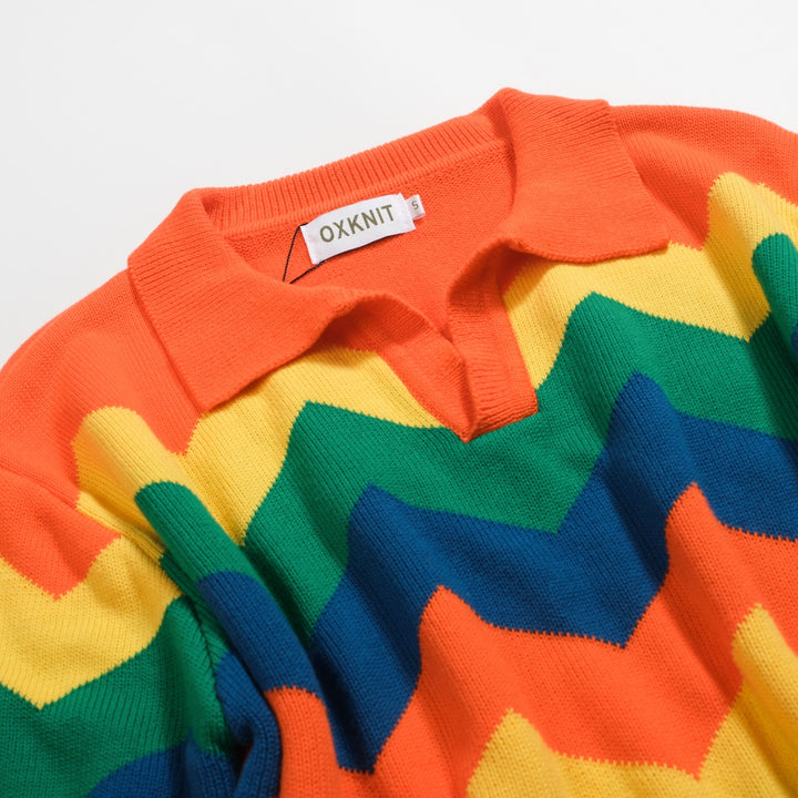 Men's orange jacquard vintage V-neck knitted polo shirt