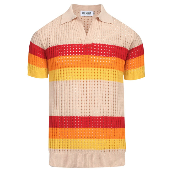 Men's apricot striped vintage jacquard V-neck knitted polo shirt