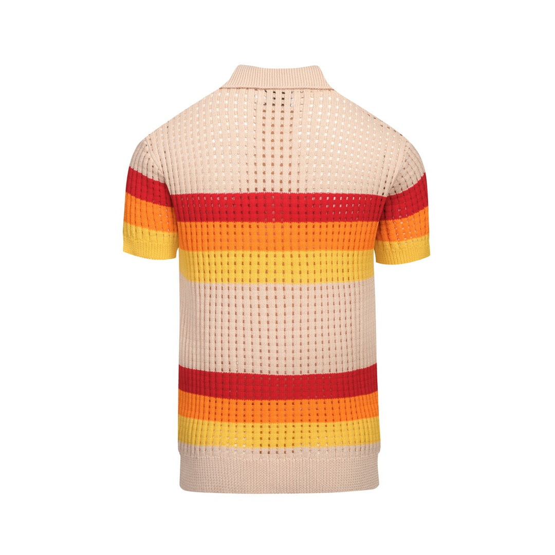 Men's apricot striped vintage jacquard V-neck knitted polo shirt