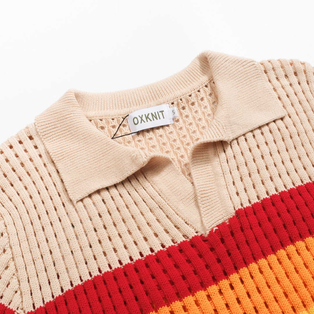 Men's apricot striped vintage jacquard V-neck knitted polo shirt