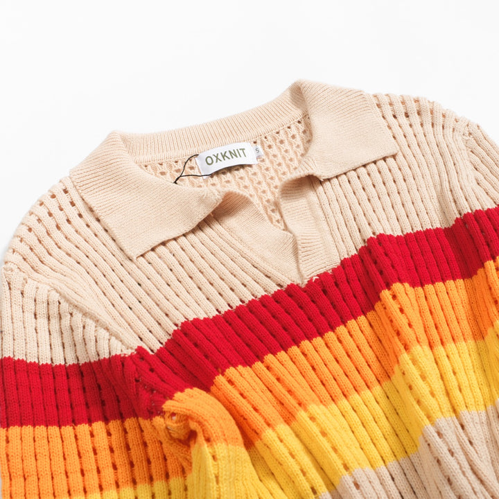 Men's apricot striped vintage jacquard V-neck knitted polo shirt